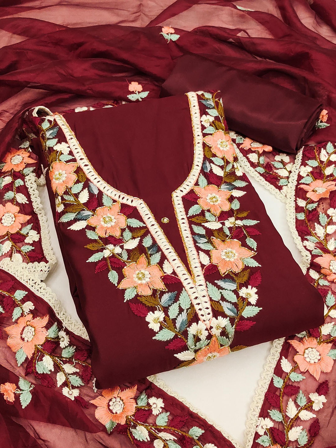 

SHADOW & SAINING Embroidered Pure Silk Semi-Stitched Dress Material, Maroon