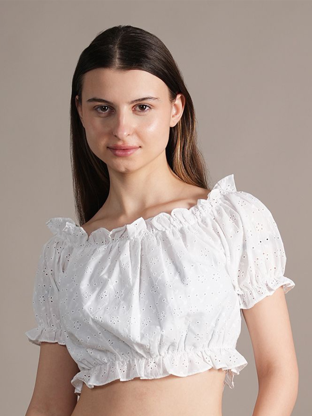 

Belfry Off-Shoulder Puff Sleeve Cotton Blouson Crop Top, White