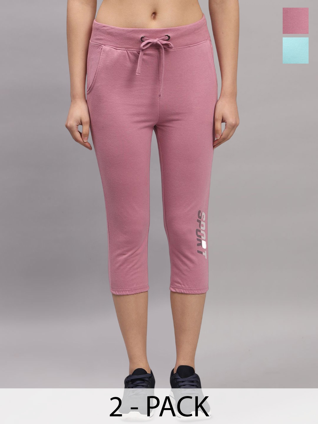 

TRAZO Pack Of 2 Mid-Rise Cotton Capris, Pink