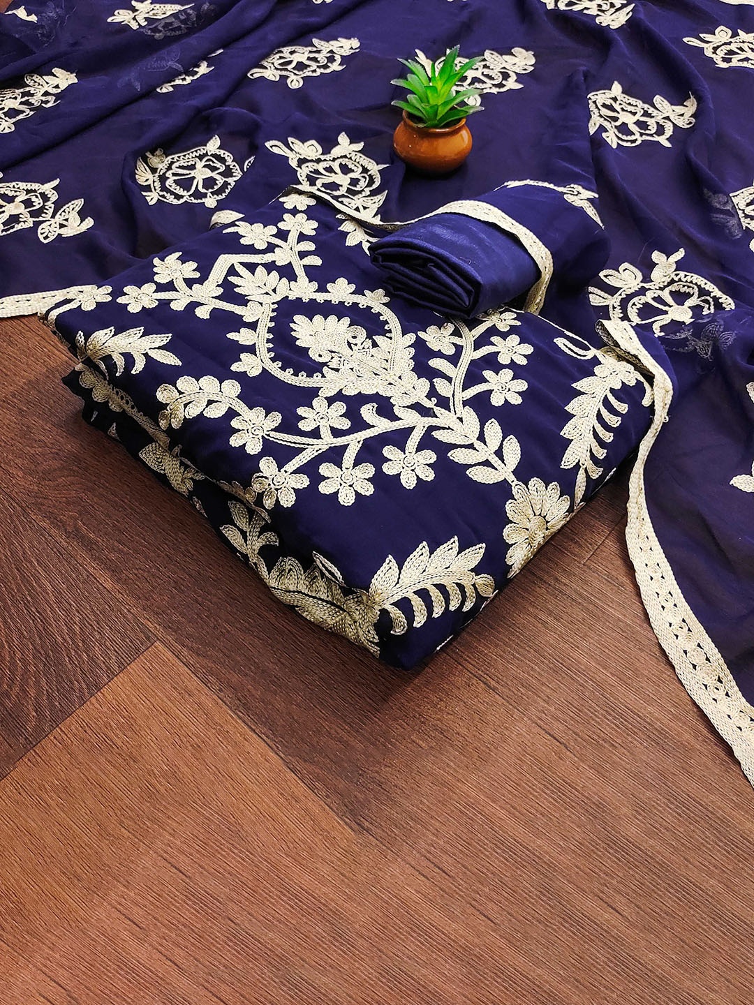 

SHADOW & SAINING Embroidered Silk Georgette Unstitched Dress Material, Blue