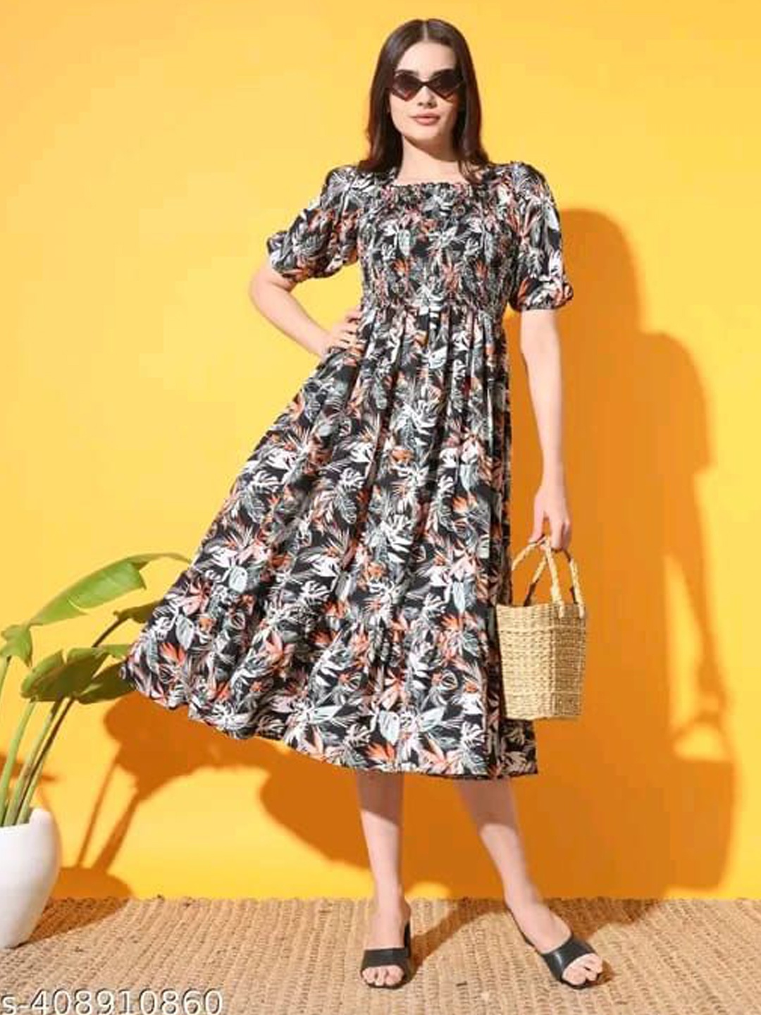 

Belfry Floral Print Puff Sleeve Georgette Fit & Flare Midi Dress, Black
