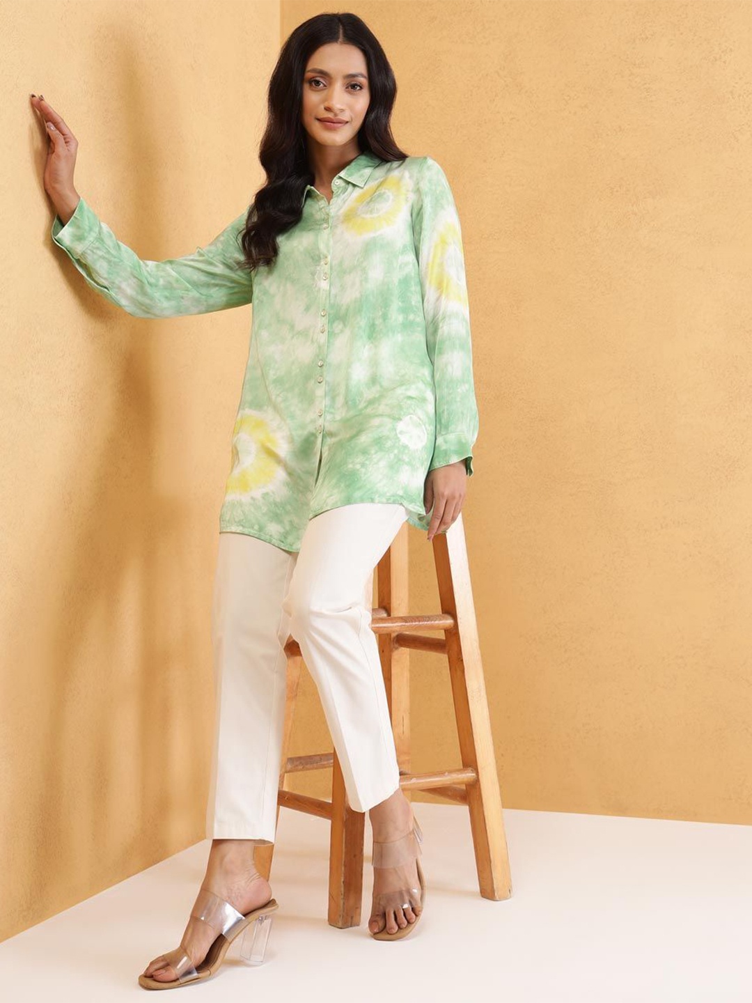 

Fabindia Shirt Collar Printed Tunic, Green