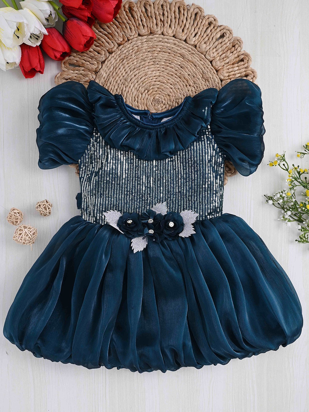 

SARDAR DRESSES Puff Sleeve Satin Balloon Dress, Teal