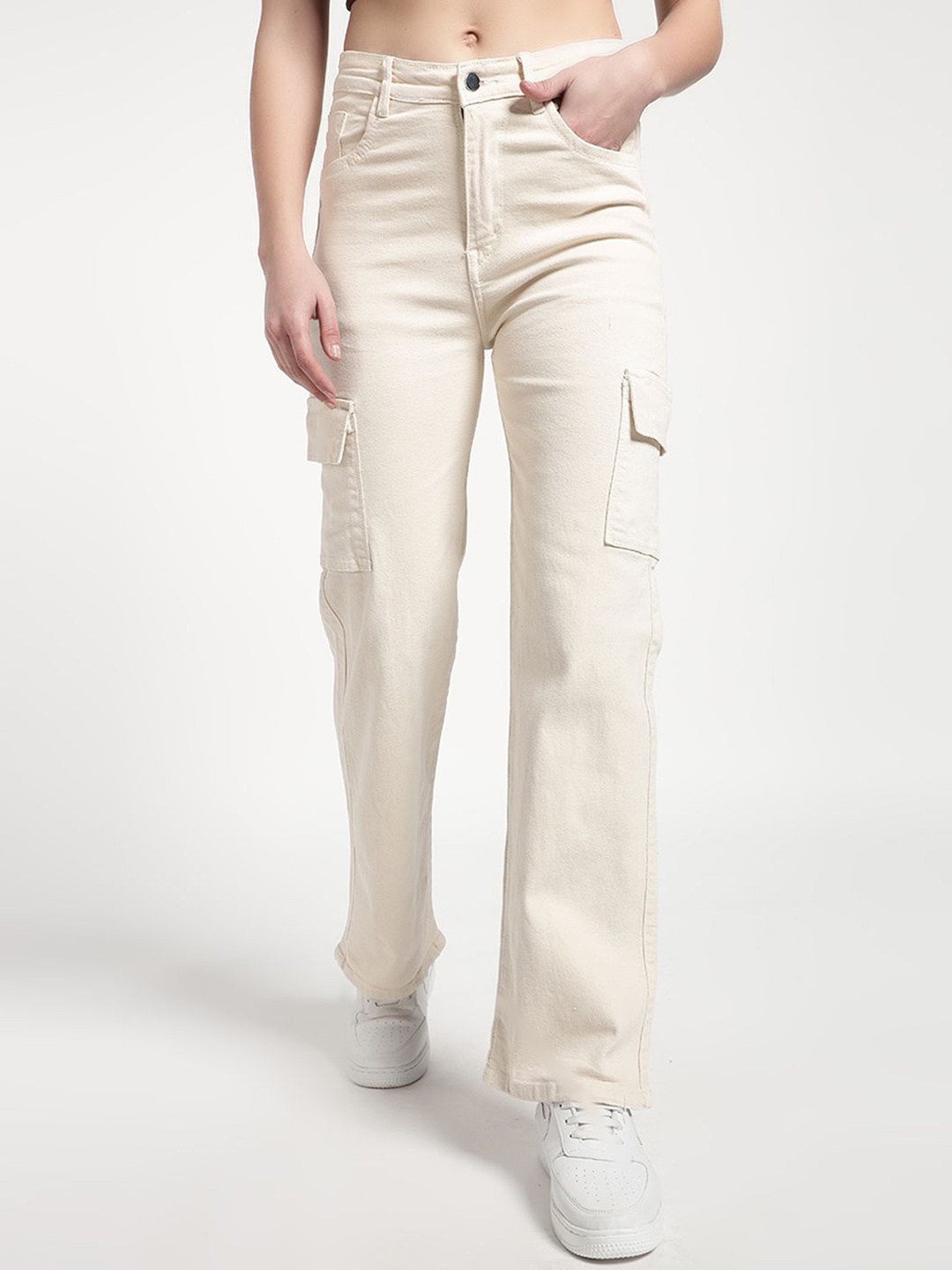 

The Roadster Lifestyle Co Pure Cotton High Rise Cargo Jeans, Cream