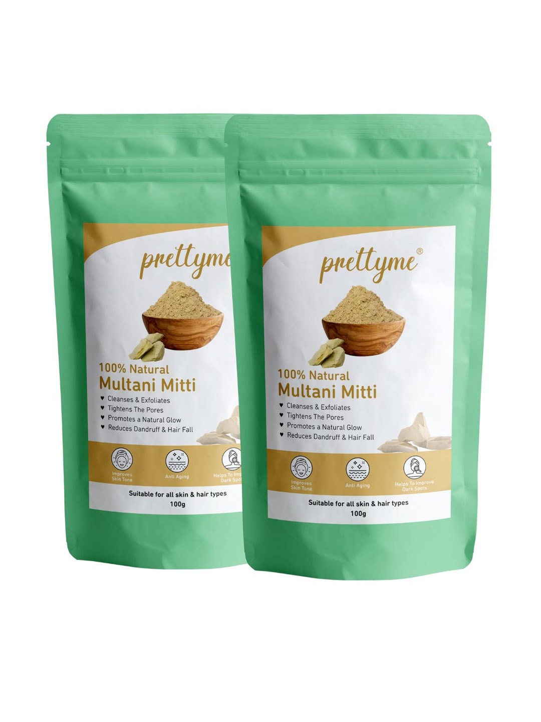 

Prettyme Set Of 2 Natural Multani Mitti Powder Face Mask - 100 g Each, Brown
