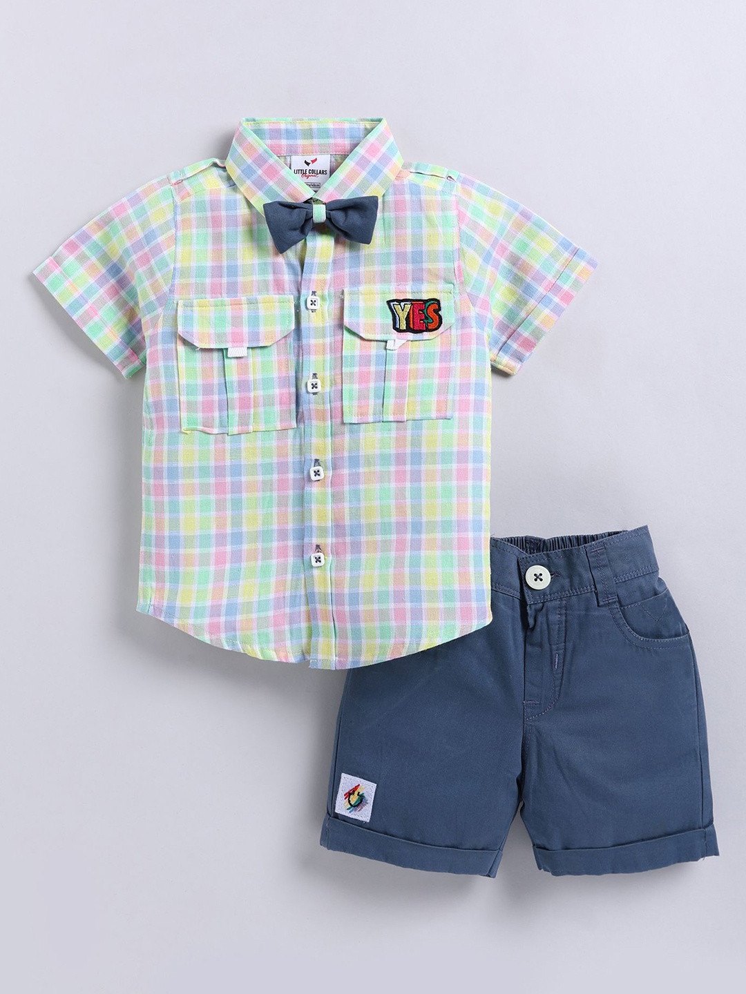 

LITTLE COLLARS Boys Checked Shirt with Shorts, Blue