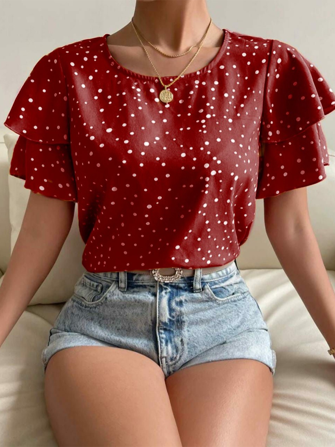 

NiloBerry Polka Dot Print Flutter Sleeve Crepe Crop Top, Maroon
