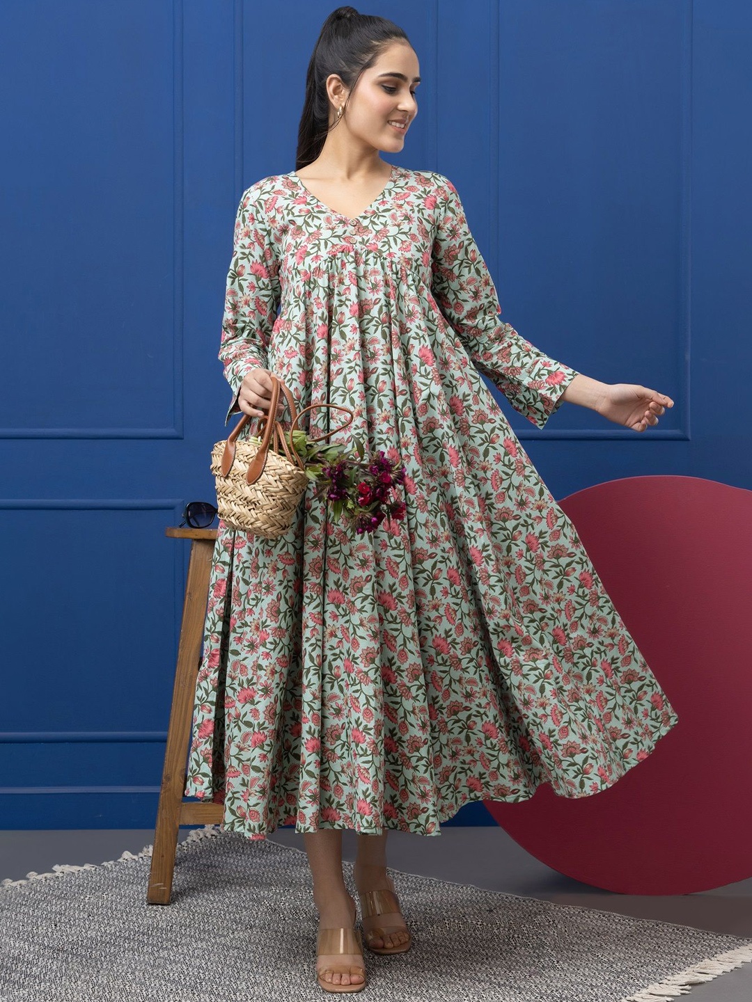 

SAKA DESIGNS Floral Print Fit & Flare Midi Dress, Green