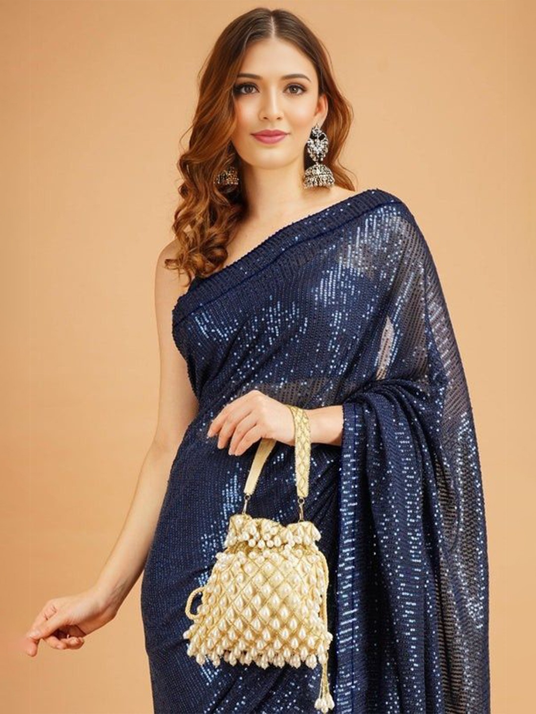 

ANJANI TEXTILE Embellished Sequinned Poly Georgette Saree, Blue