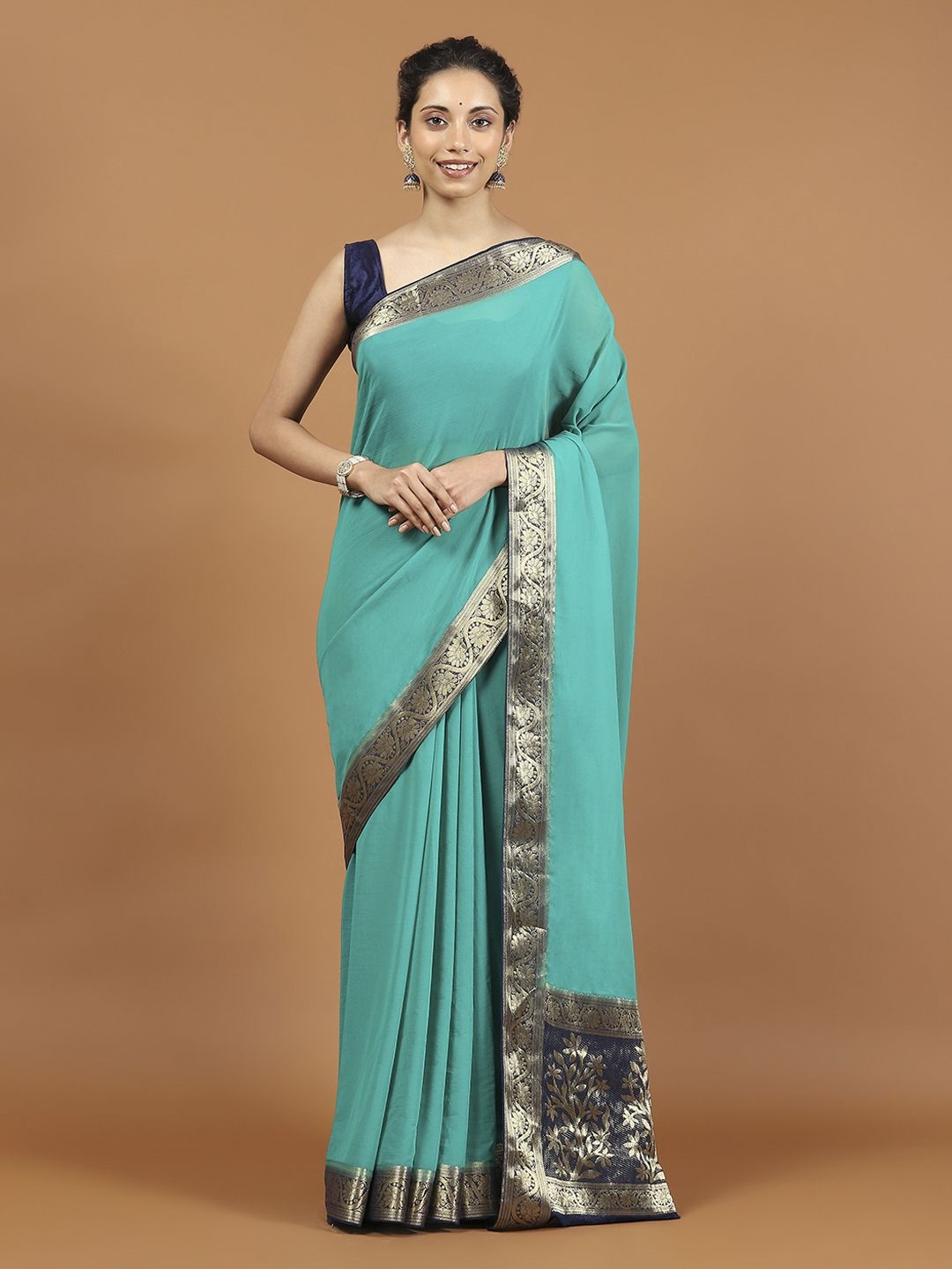 

Meena Bazaar Zari Poly Chiffon Saree, Sea green
