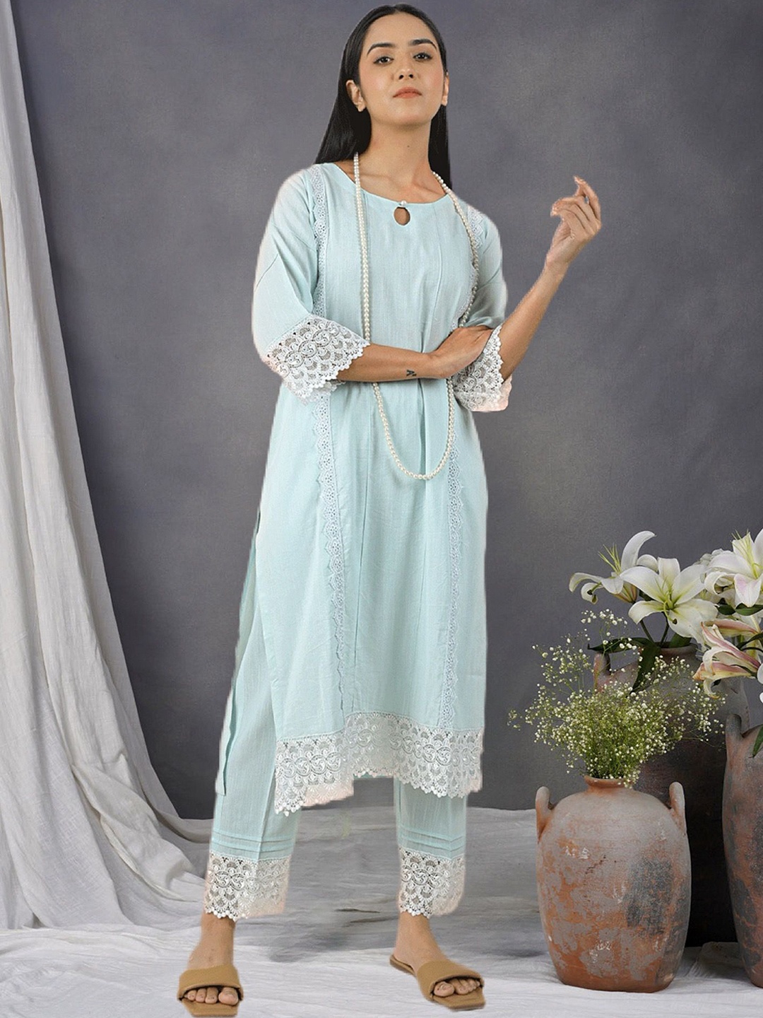 

zuri Women Ethnic Motifs Regular Thread Work Pure Cotton Kurta with Trousers, Sea green