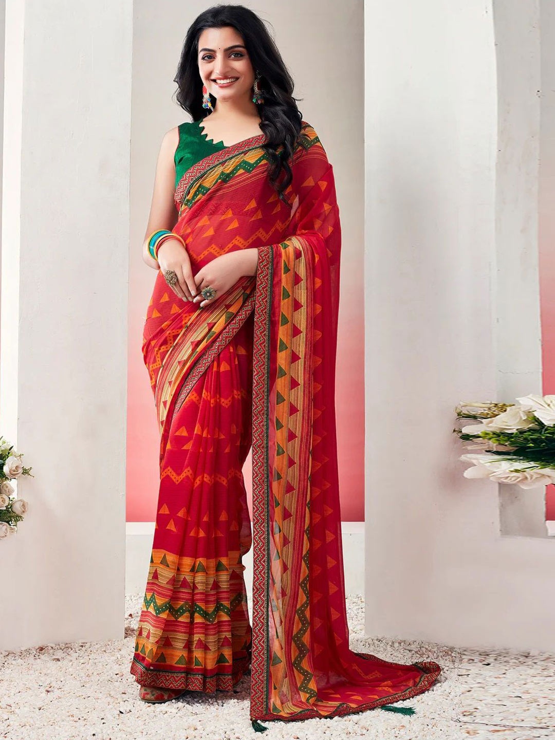 

Styleveda Pure Georgette Block Print Saree, Red