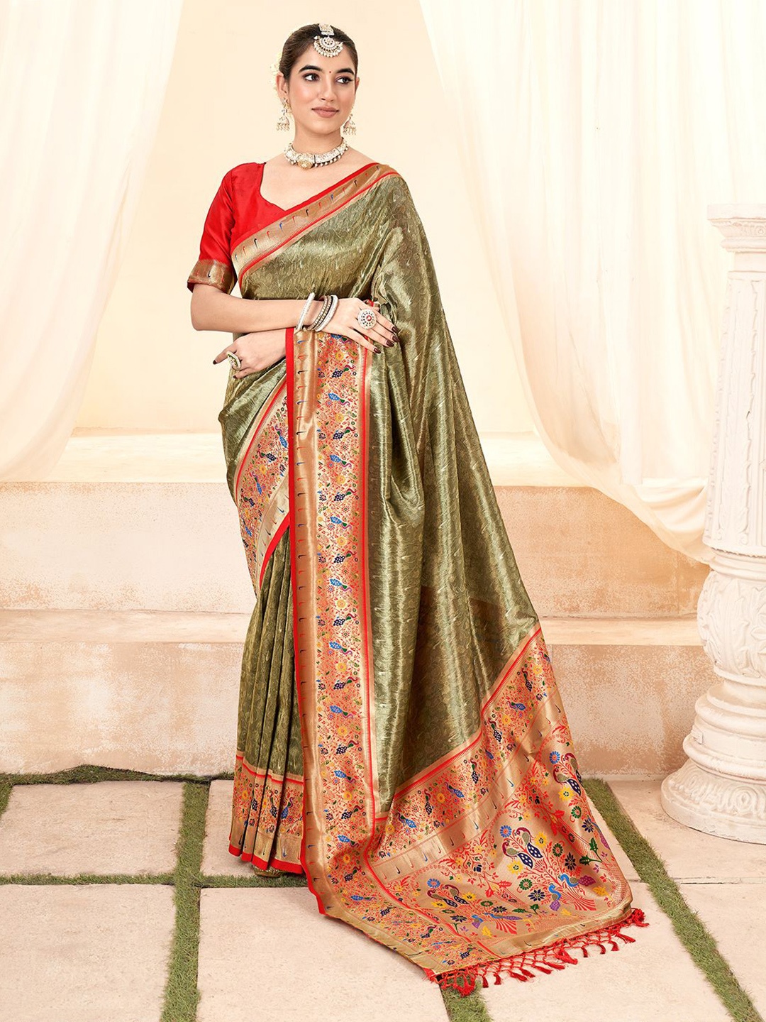 

LeeliPeeri Designer Woven Design Zari Tissue Paithani Saree, Green