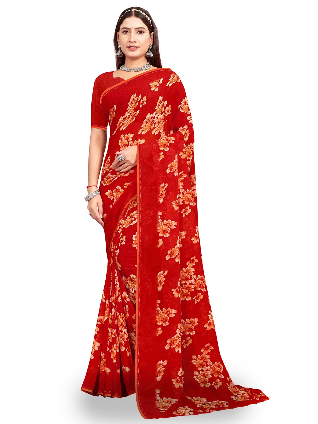 

shree krishna fashion Floral Beads and Stones Art Silk Saree, Red