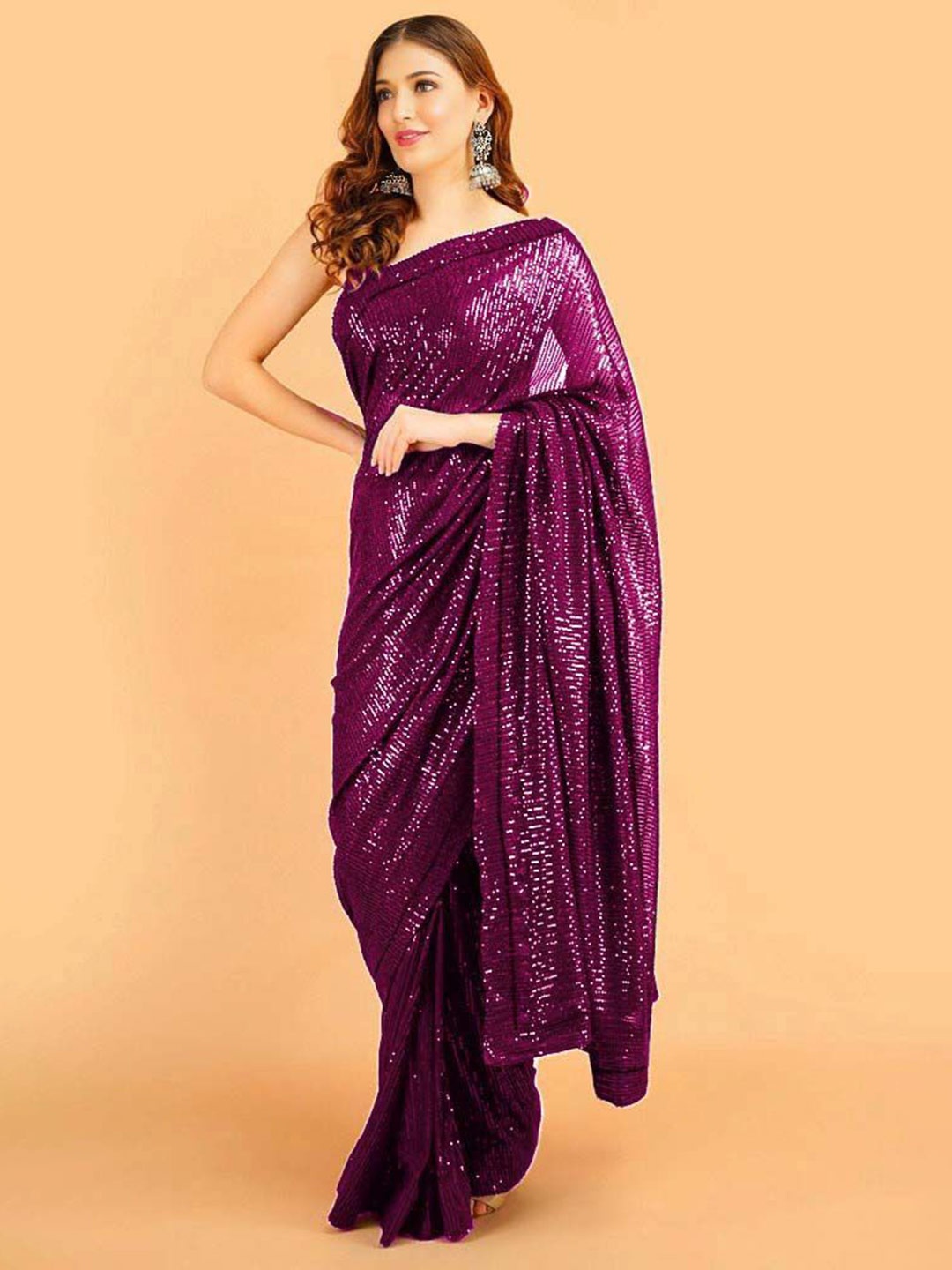

ANJANI TEXTILE Embellished Sequinned Poly Georgette Heavy Work Saree, Purple
