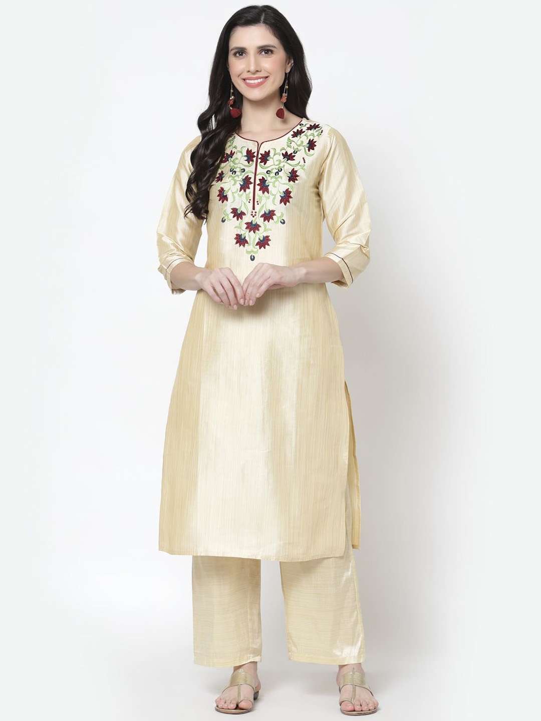 

DELIS Women Ethnic Motifs Embroidered Regular Thread Work Kurti with Palazzos, Cream