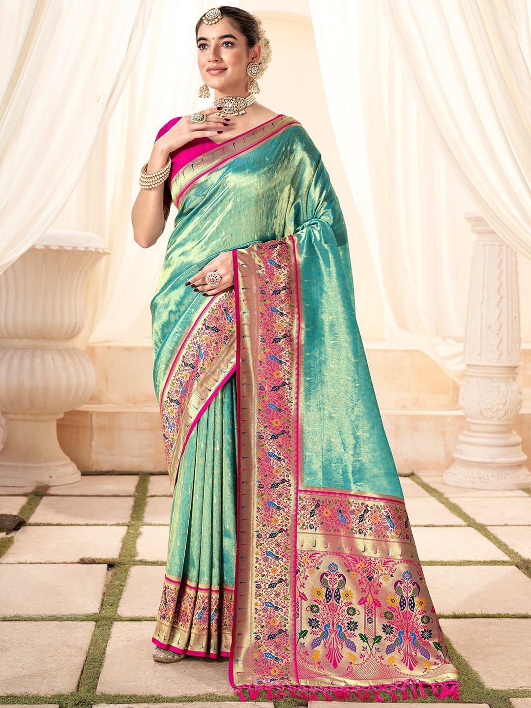 

LeeliPeeri Designer Woven Design Zari Tissue Paithani Saree, Teal