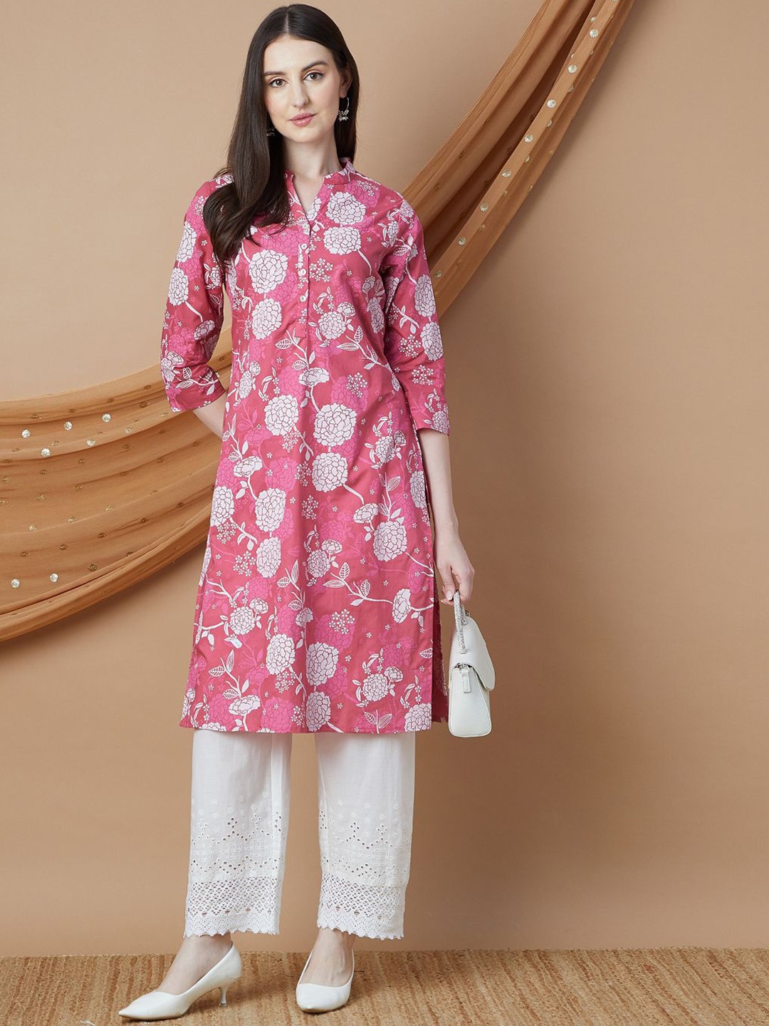 

Melange by Lifestyle Women Floral Printed Keyhole Neck Anarkali Kurta, Pink