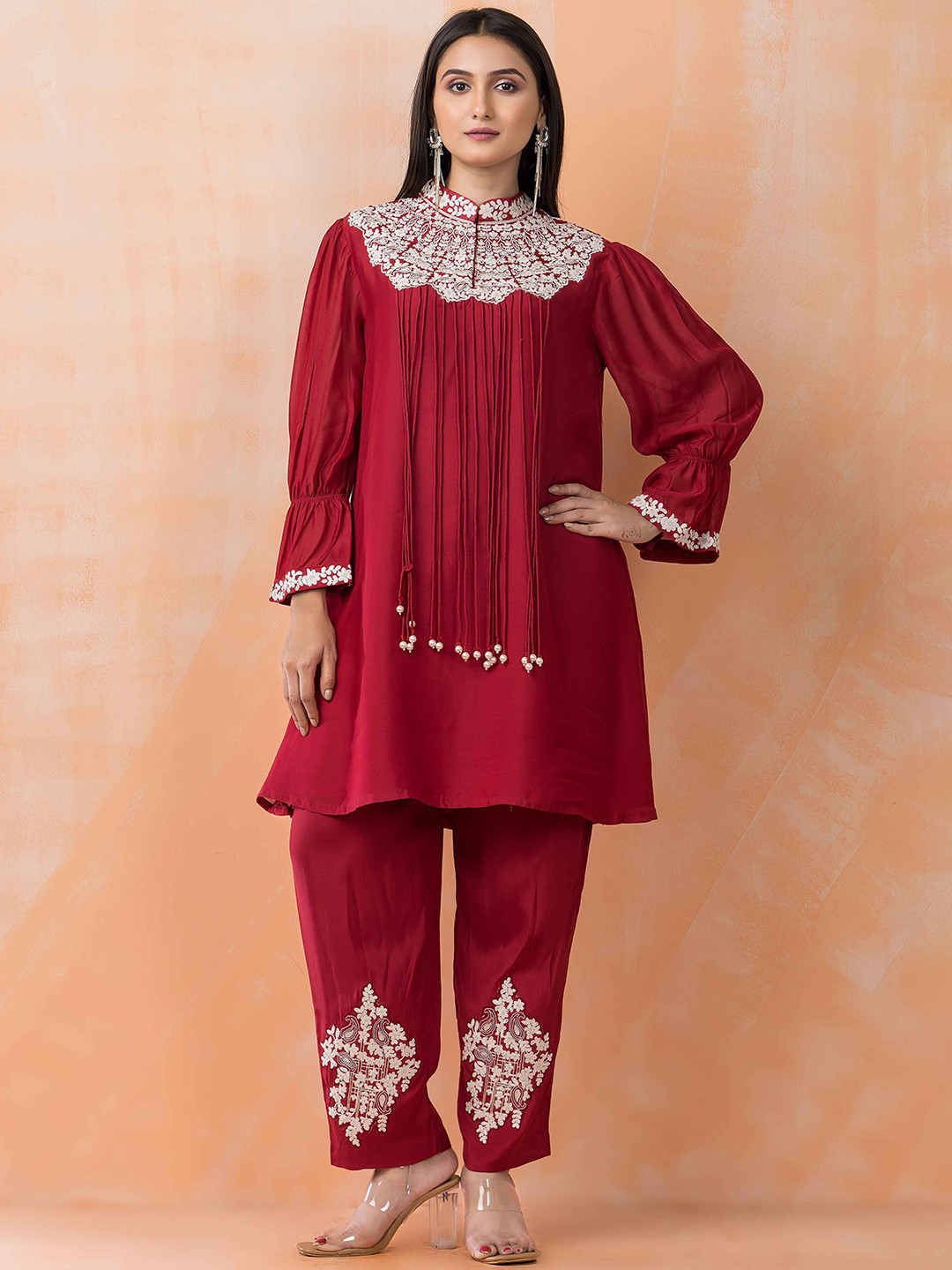 

SACRED SUTA Embroidered A-Line Kurta & Trousers, Red