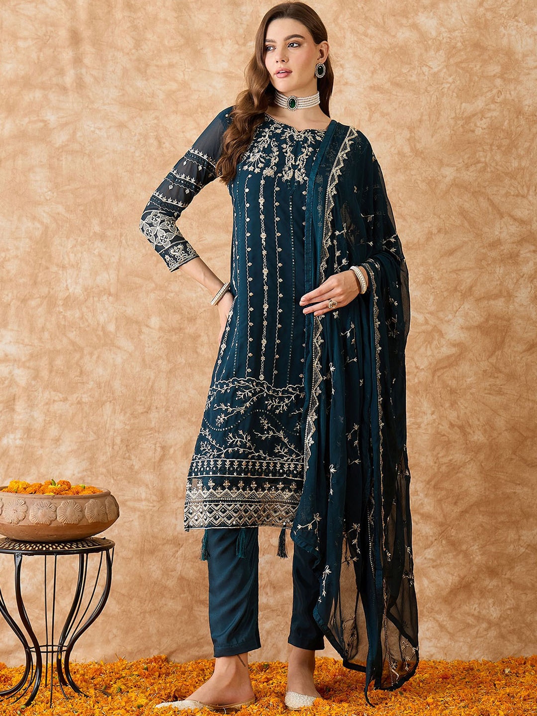 

SHADOW & SAINING Embroidered Silk Georgette Unstitched Dress Material, Teal