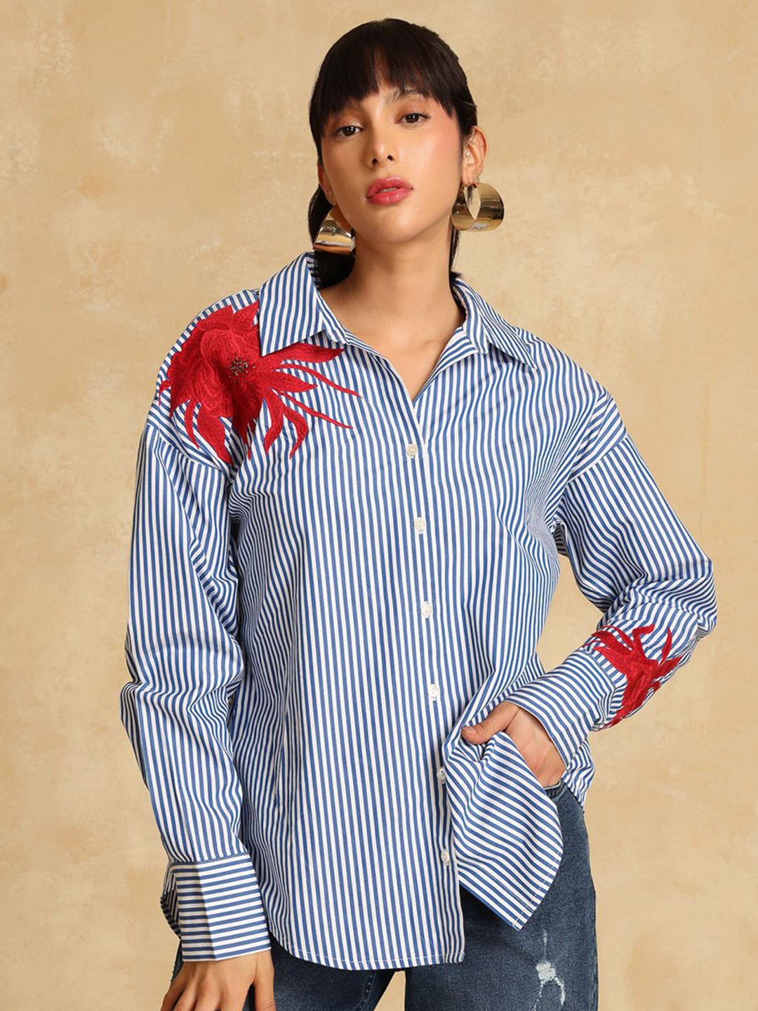 

Kazo Women Opaque Striped Party Shirt, Blue