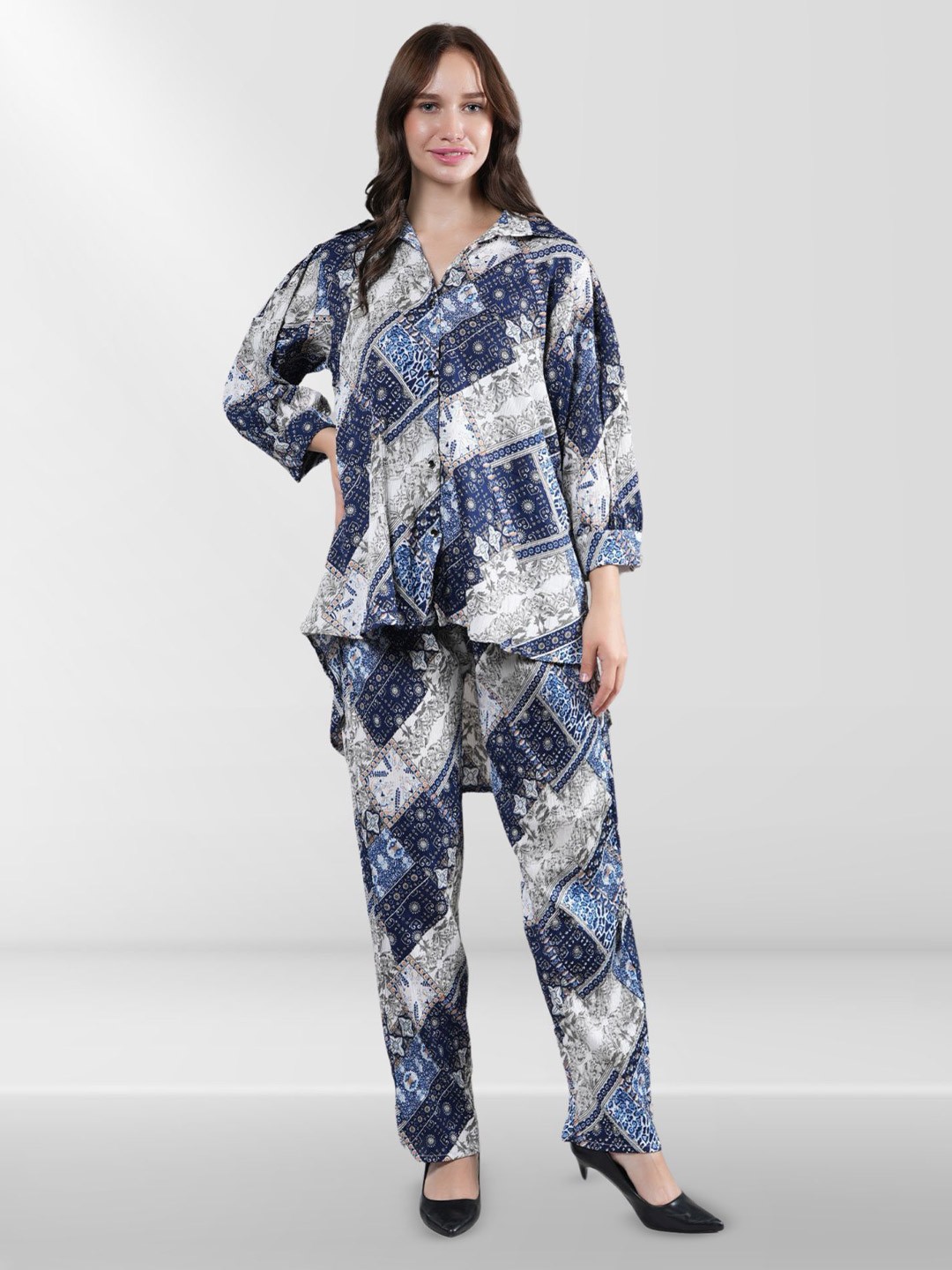 

Belfry Printed Shirt Collar High Low Shirt With Trousers Co-Ords, Blue