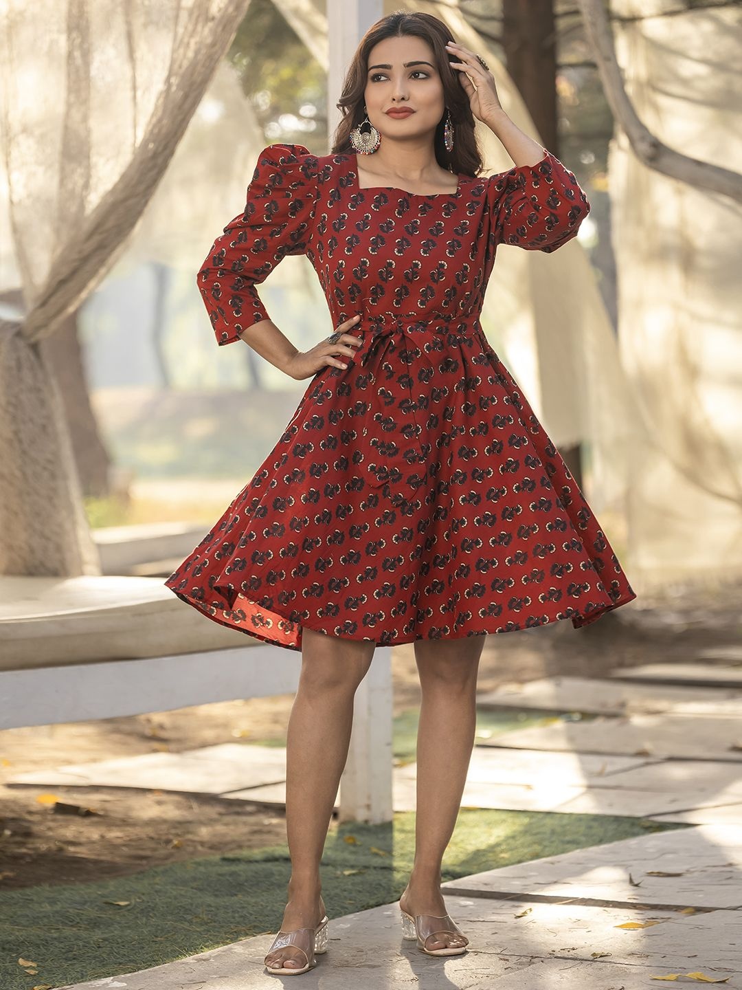 

WEAVLLITE Floral Print Puff Sleeve Fit & Flare Dress, Maroon