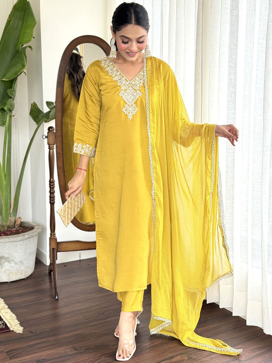 

KALINI Women Floral Embroidered Regular Thread Work Chanderi Silk Kurta with Trousers & With Dupatta, Yellow