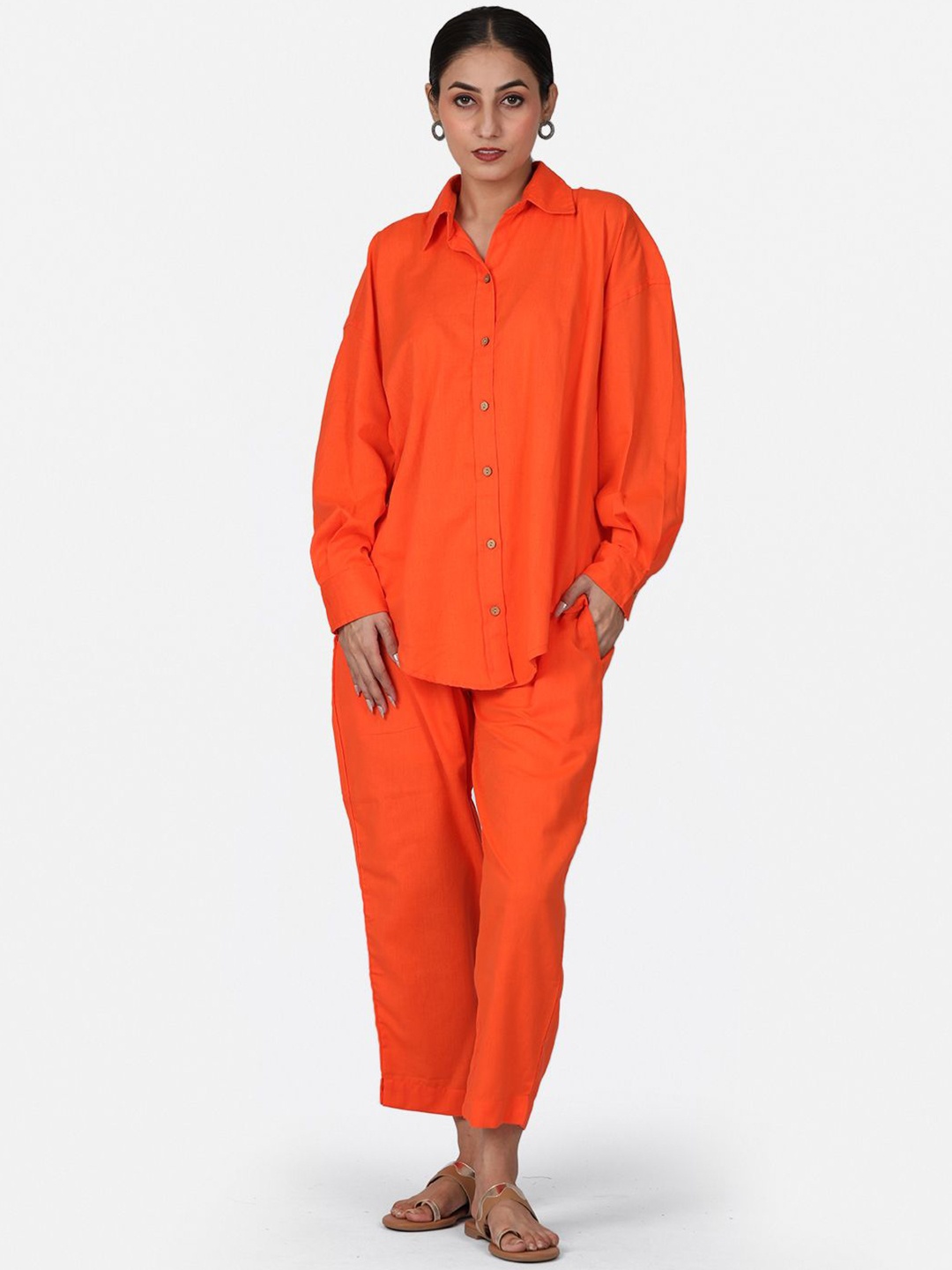 

Llajja Shirt Collor Neck Shirt With Trousers Co-Ords, Orange