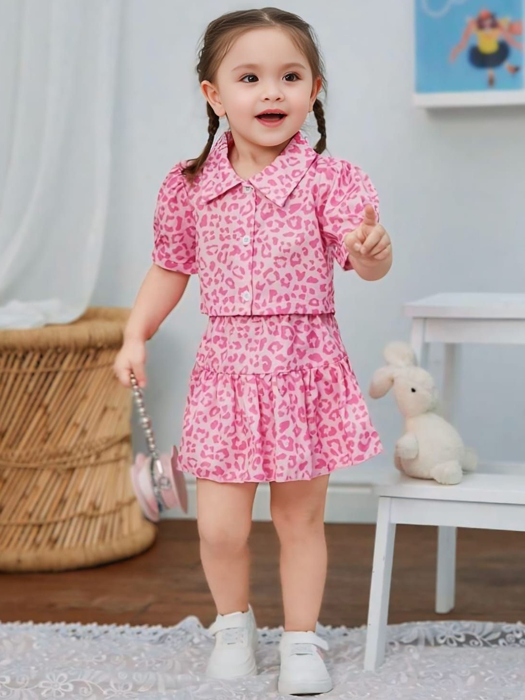 

SK DRESSES Girls Printed Top with Skirt, Pink