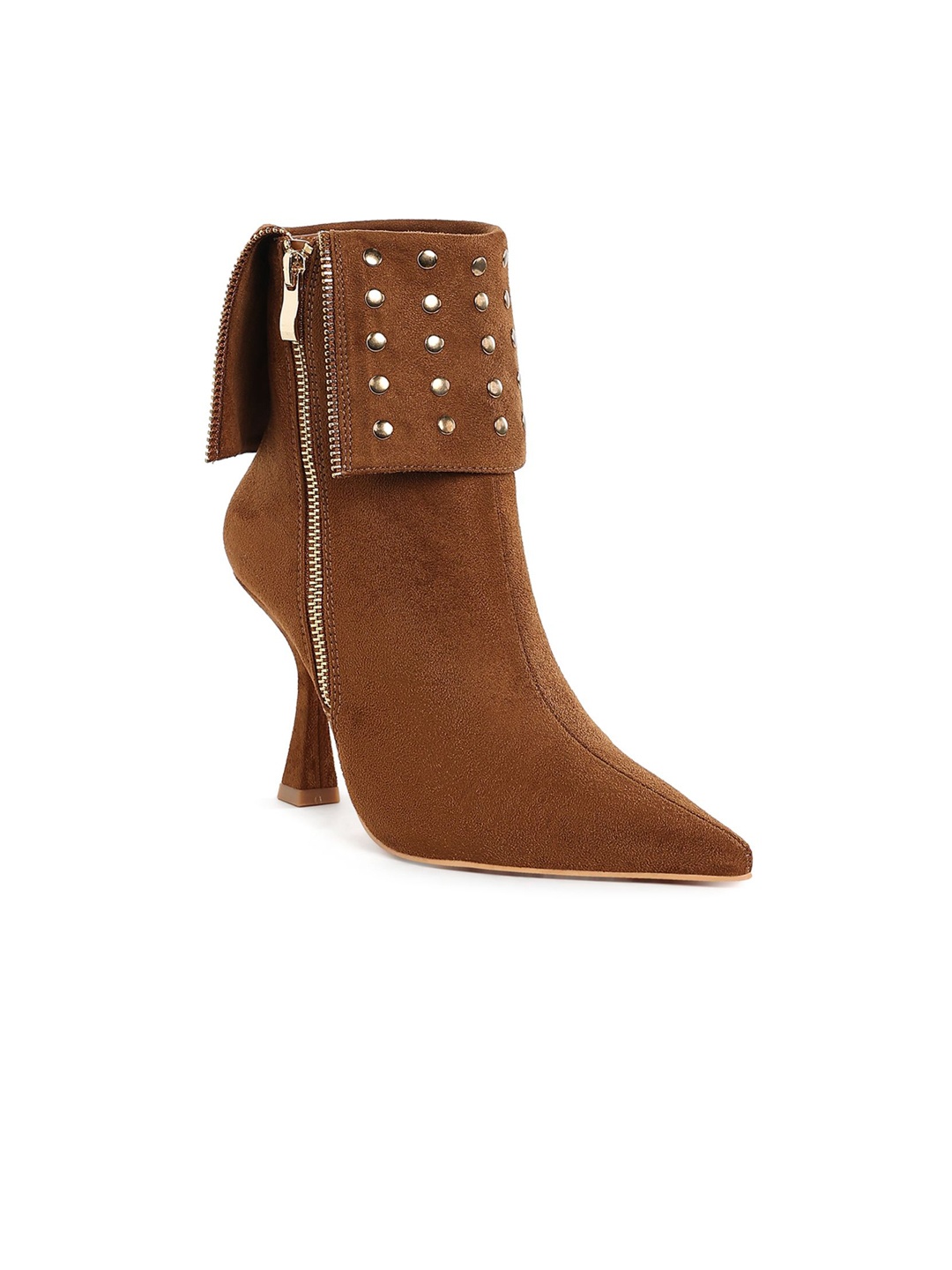 

London Rag Women Stud Embellished Foldover Boots, Beige