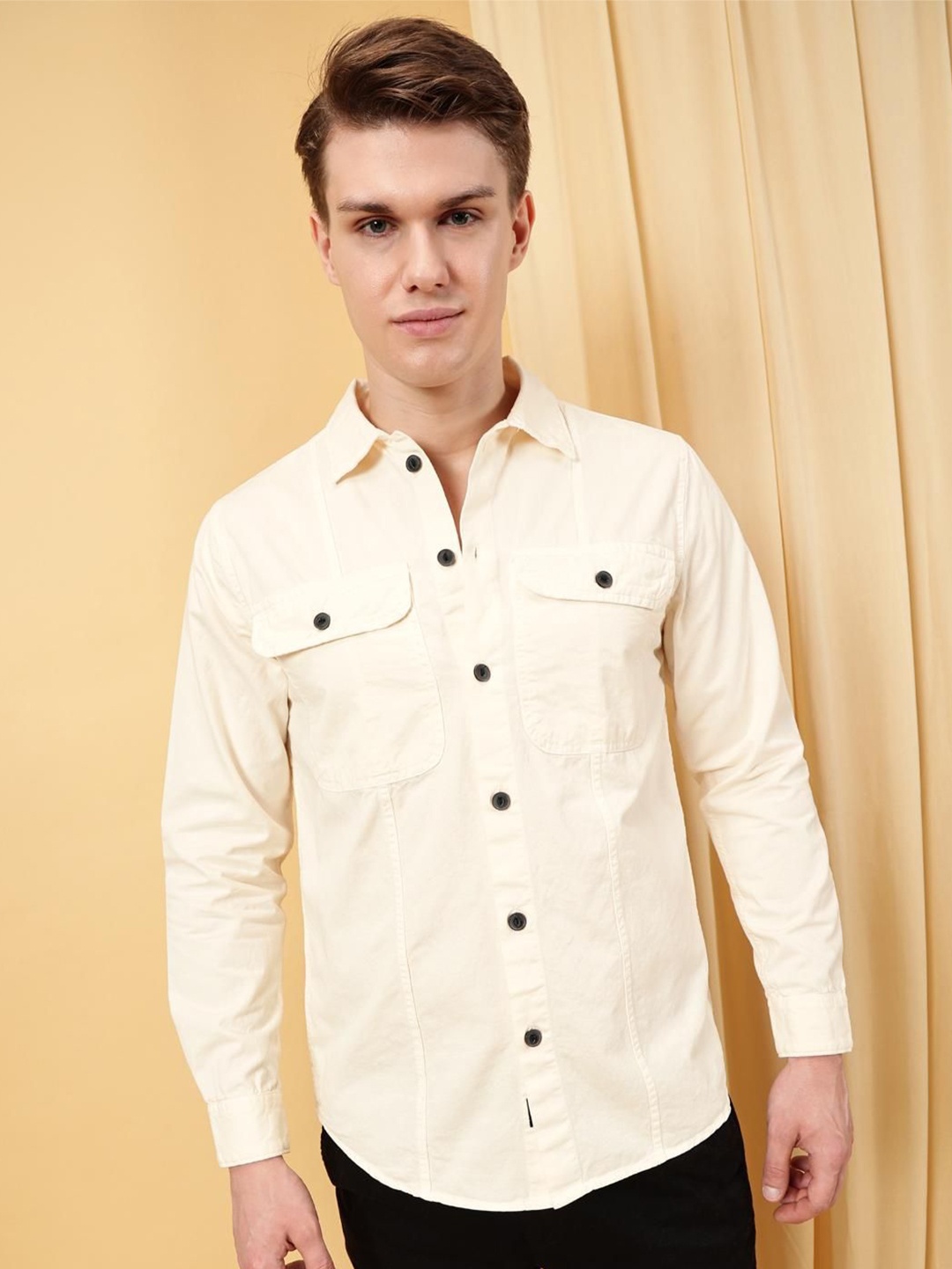 

VALEN CLUB Men Opaque Casual Shirt, Cream