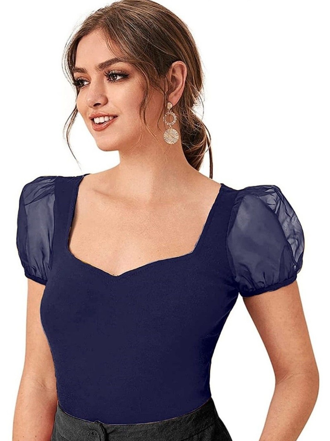 

NiloBerry Sweetheart Neck Puff Sleeve Crop Top, Navy blue