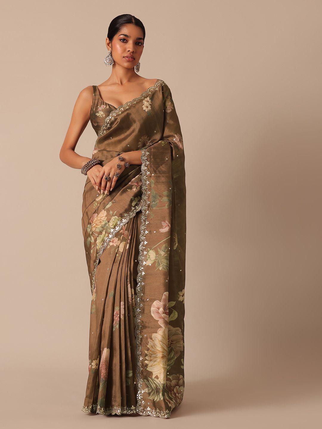 

KALKI Fashion Floral Silk Blend Ready To Wear Saree, Brown