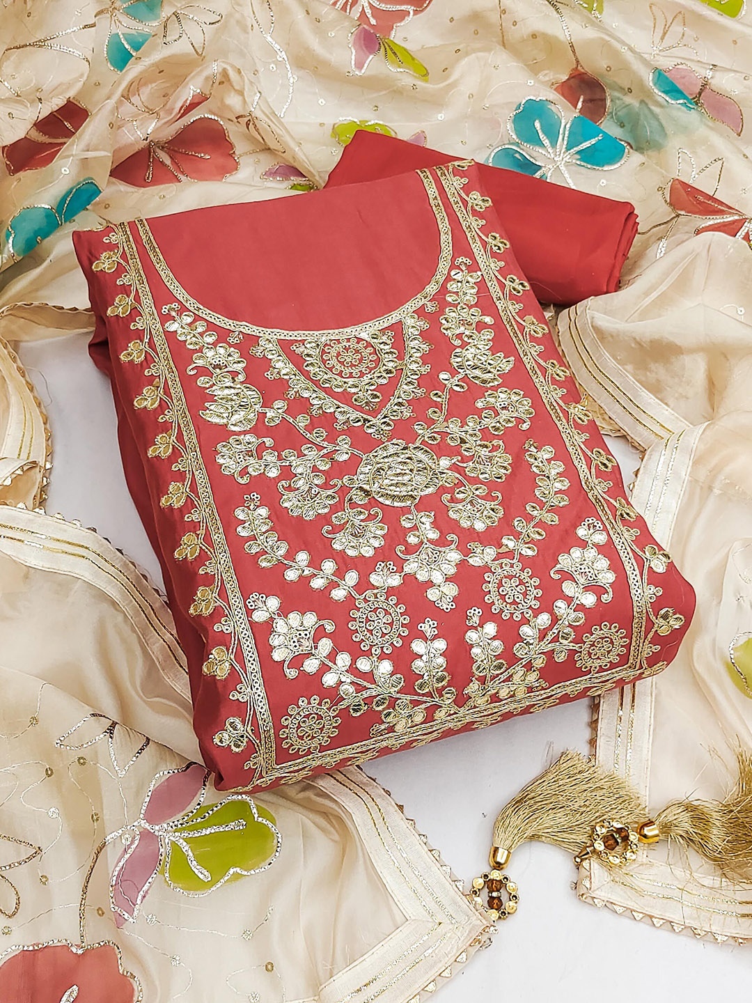 

SHADOW & SAINING Embroidered Pure Silk Semi-Stitched Dress Material, Peach