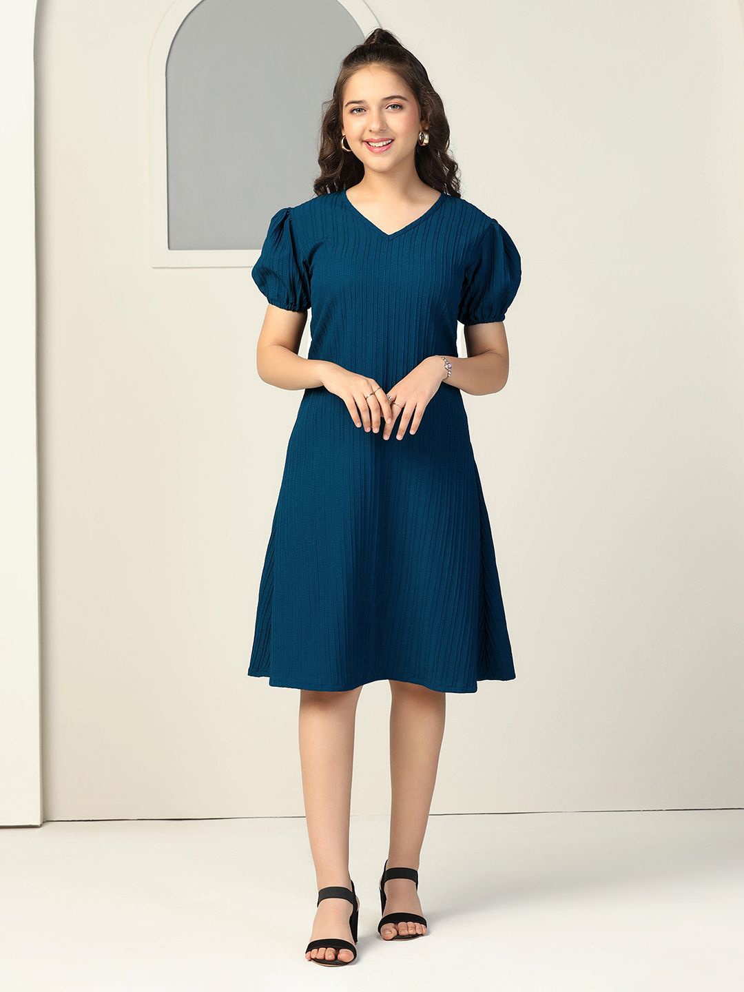 

YK Puff Sleeve A-Line Dress, Blue