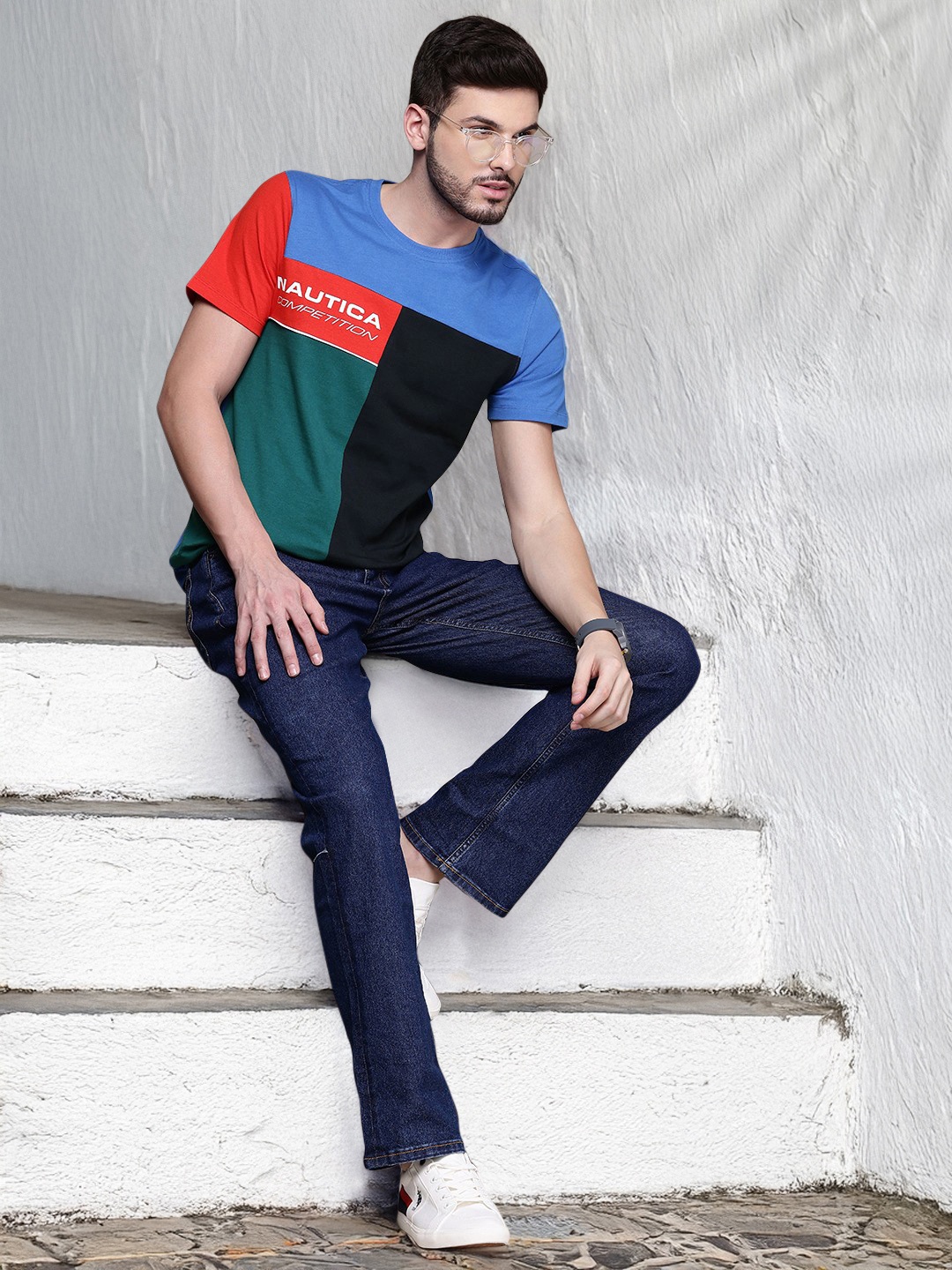 

Nautica Men Colourblocked Pure Cotton T-shirt, Blue