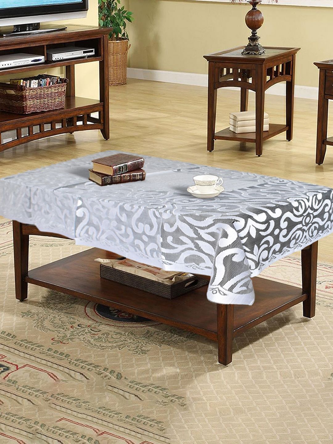 

Kuber Industries White Floral Cotton 4-Seater Table Cover