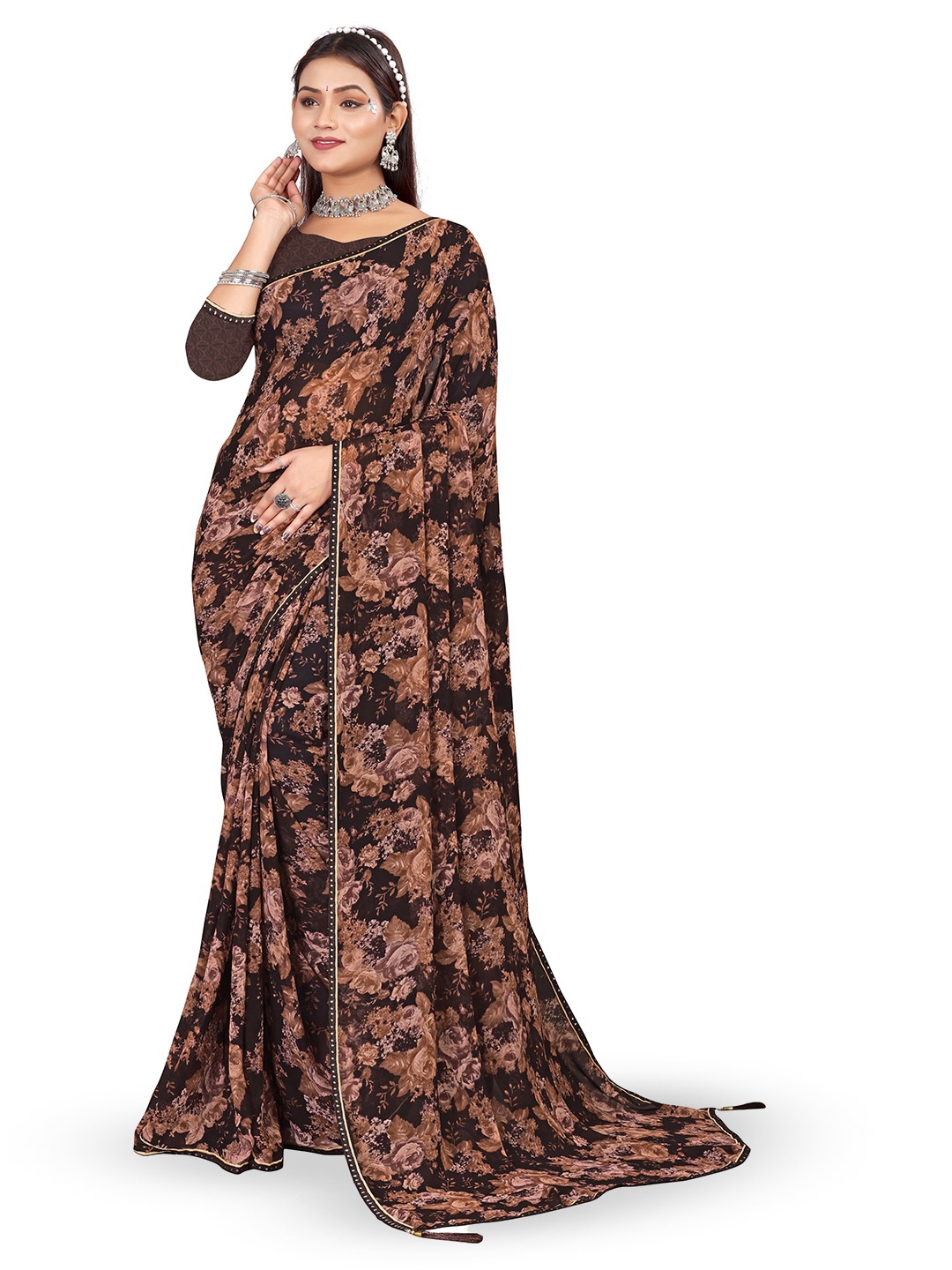 

shree krishna fashion Floral Sequinned Poly Georgette Saree, Brown