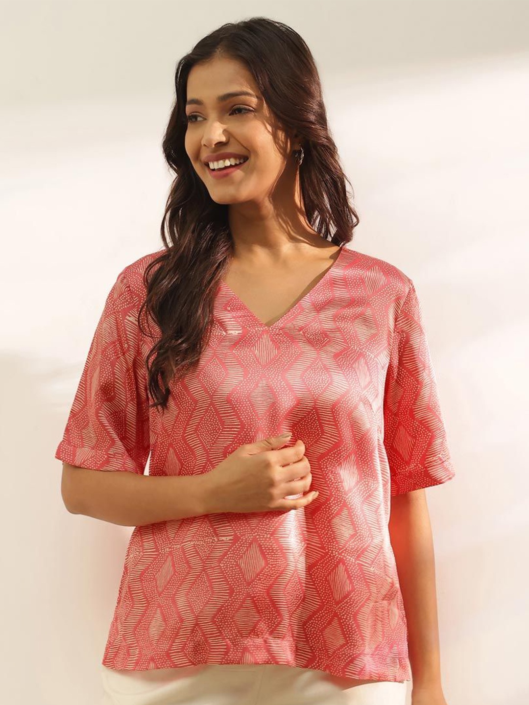 

Fabindia Geometric Print Top, Coral