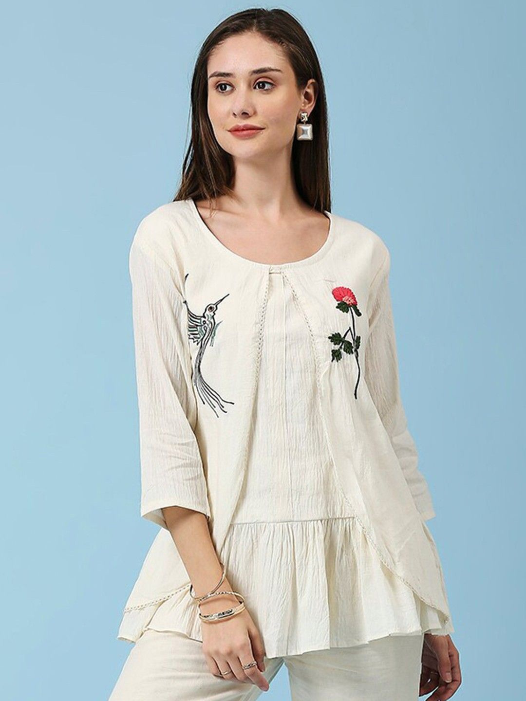 

Hitarth Fashion Organic Cotton Boat Neck Lace Embroidered Tunic, Off white