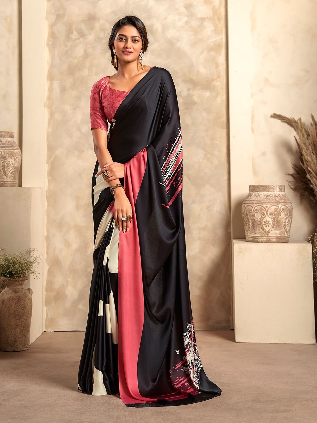 

LeeliPeeri Designer Ethnic Motifs Satin Saree, Black