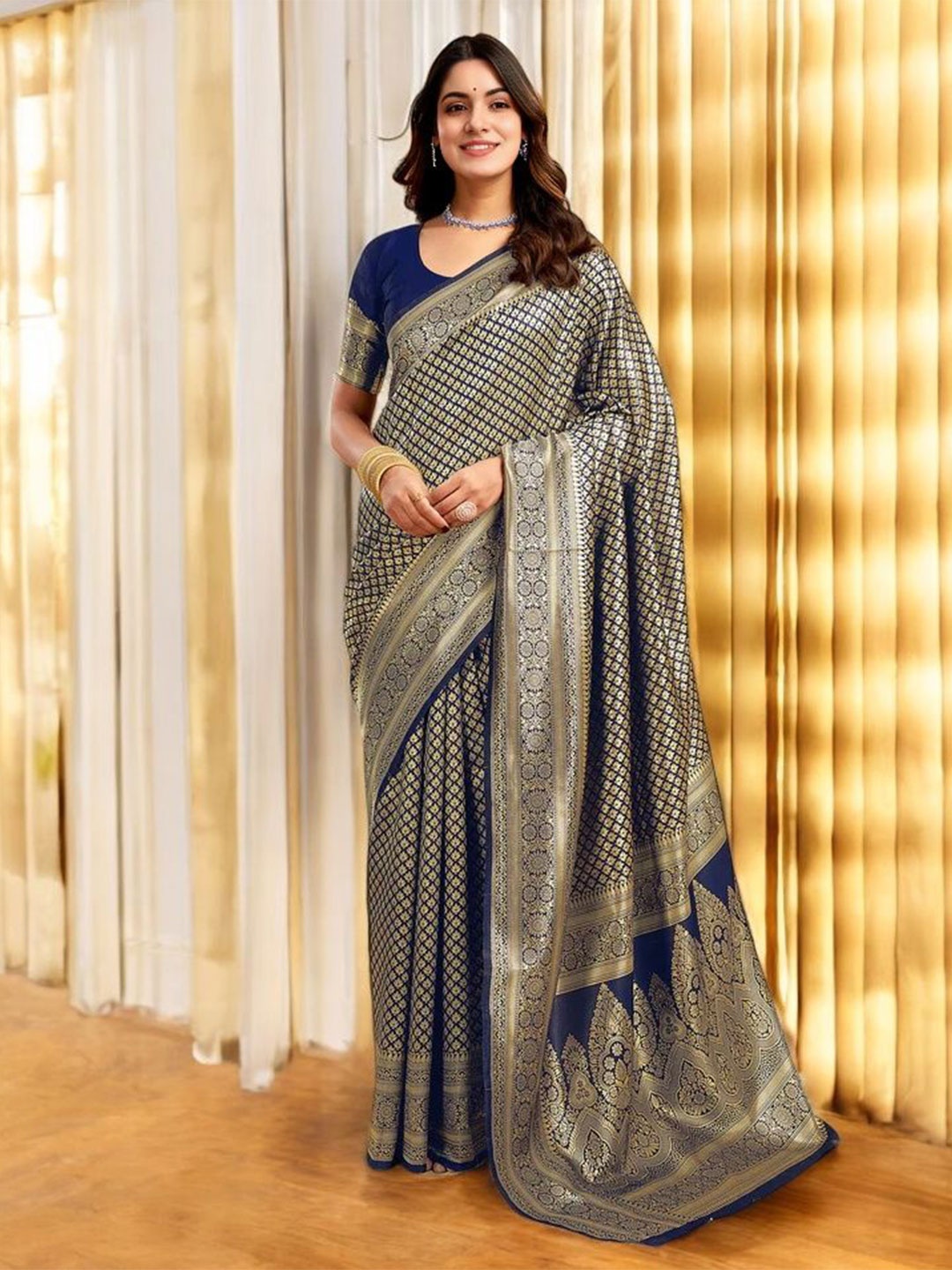 

KALINI Woven Design Zari Silk Blend Banarasi Saree, Blue