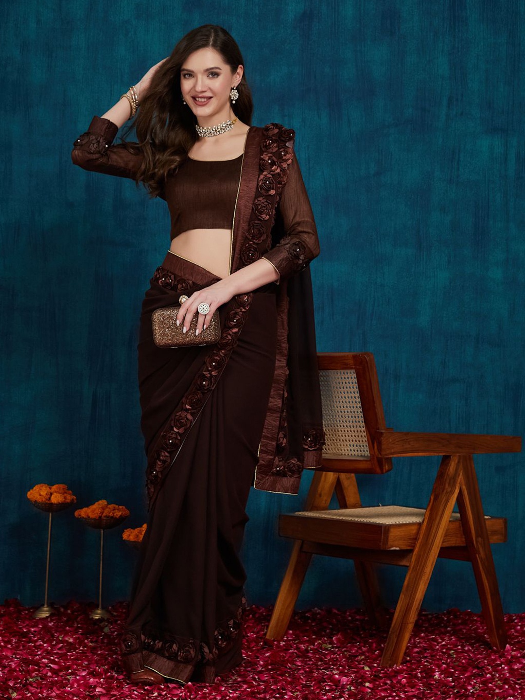

KAVINDI Ethnic Motifs Pure Georgette Saree, Brown