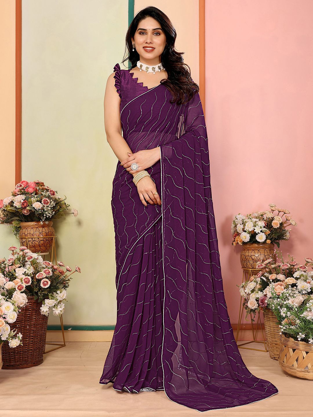 

Mitera Embellished Beads and Stones Pure Georgette Saree, Purple