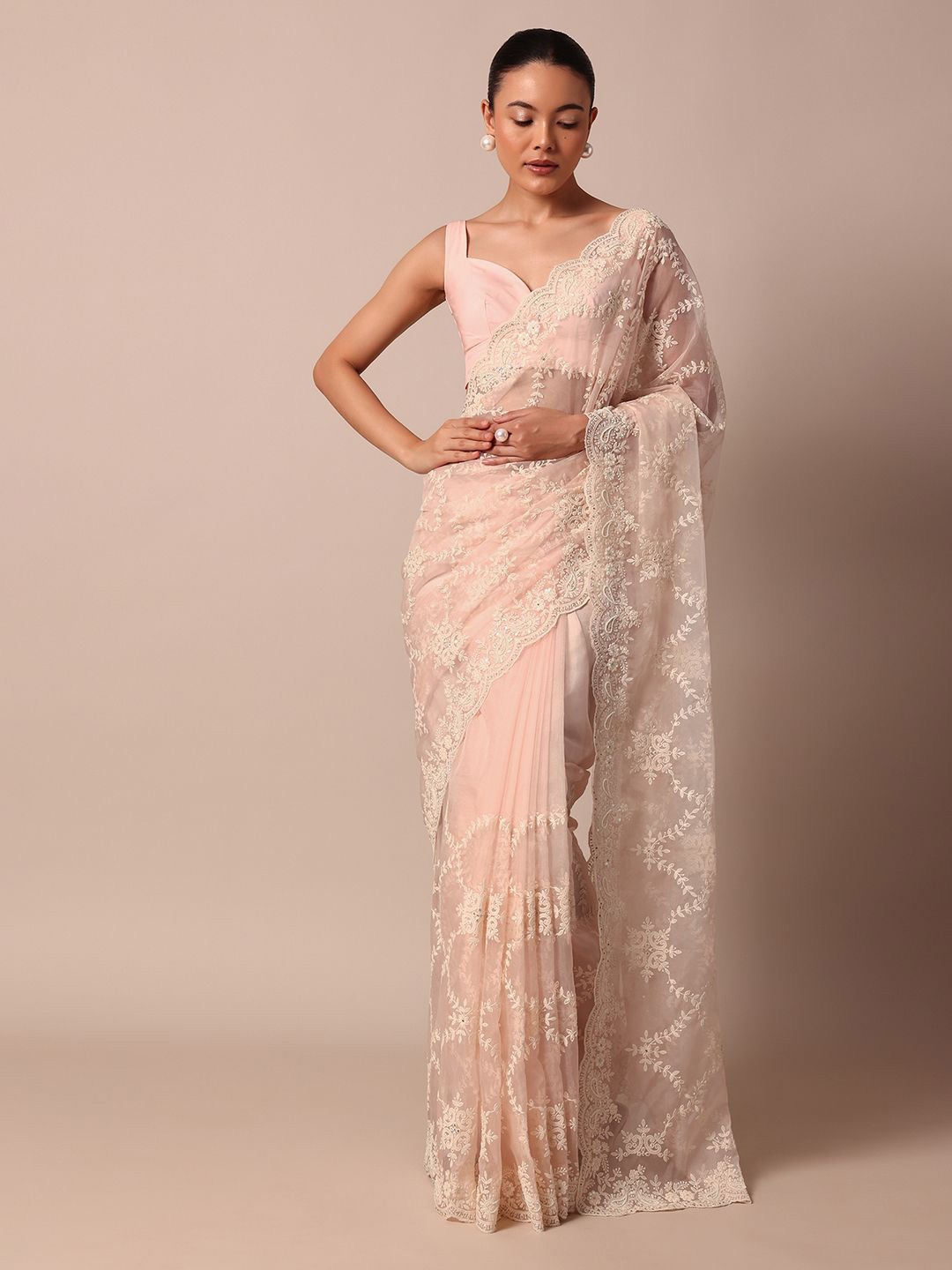 

KALKI Fashion Embellished Beads and Stones Organza Ready To Wear Saree, Pink
