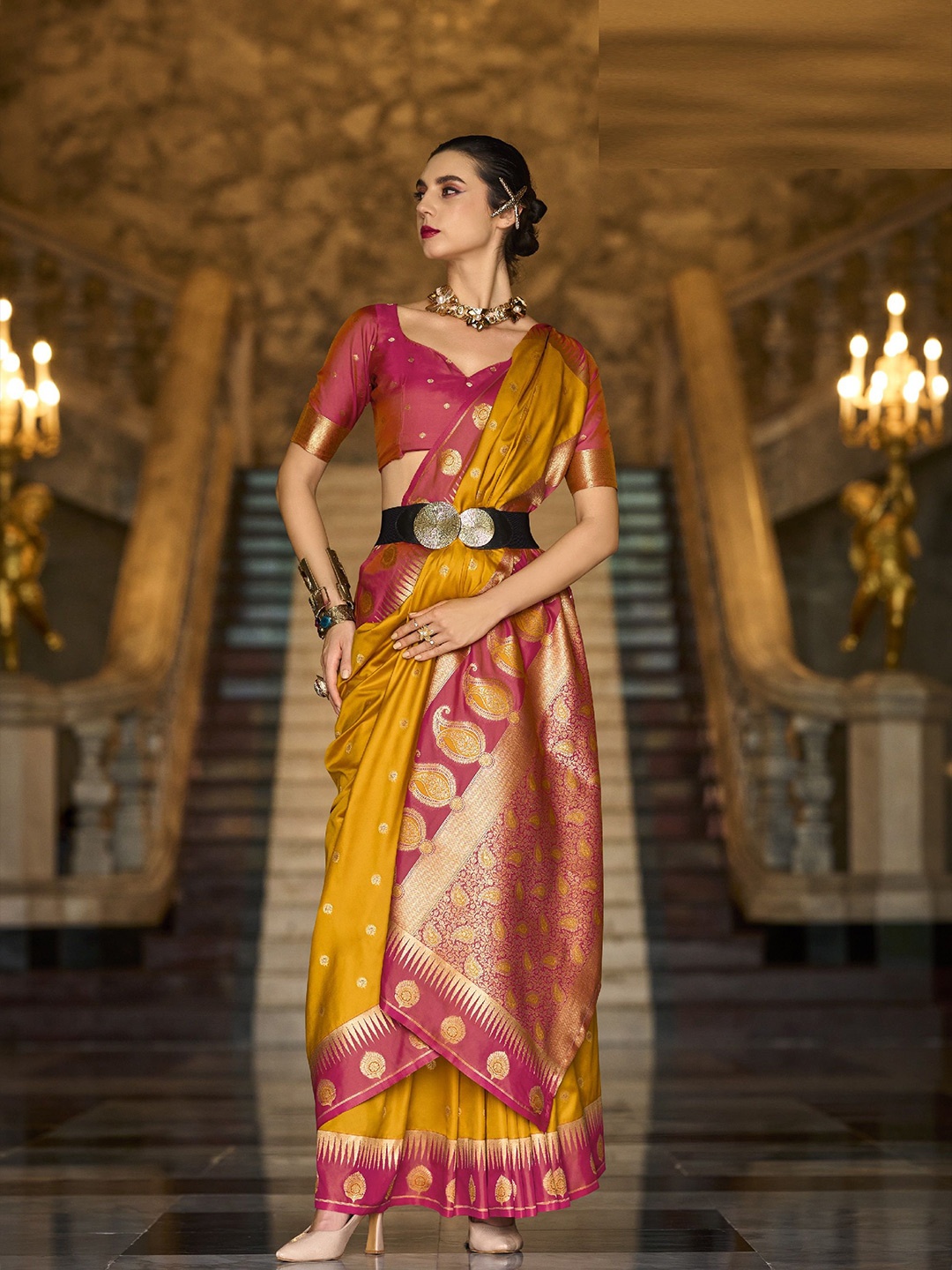 

MAHALASA Woven Design Zari Pure Silk Kanjeevaram Saree, Mustard