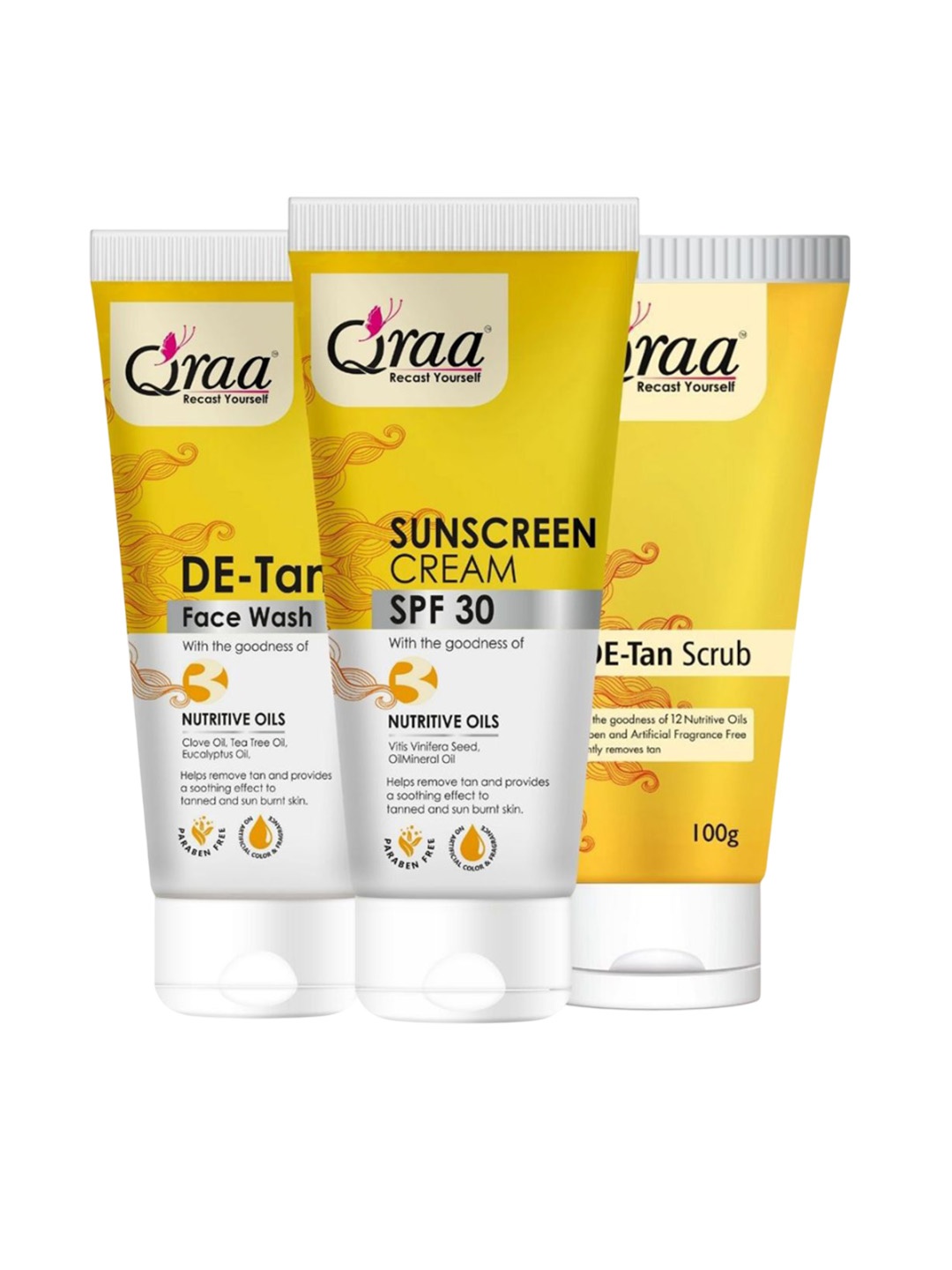 

Qraa Set Of 3 De Tan Scrub De Tan Face Wash & Sunscreen Cream SPF 30, Yellow