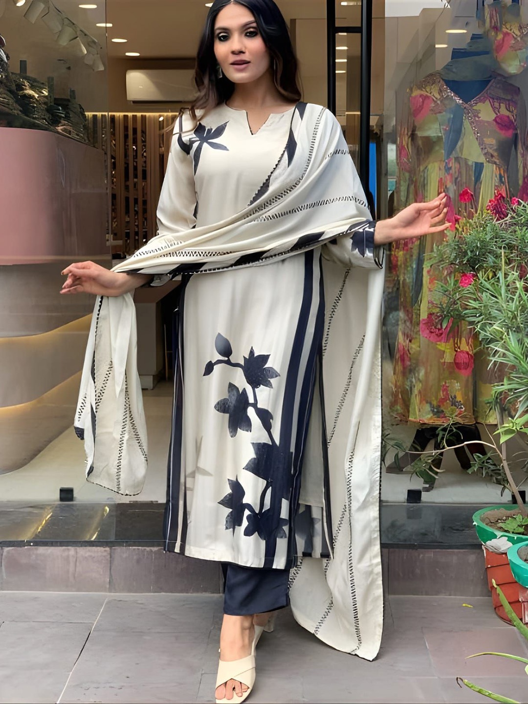 

Fab Dadu Women Floral Printed Regular Kurta with Trousers & With Dupatta, Cream