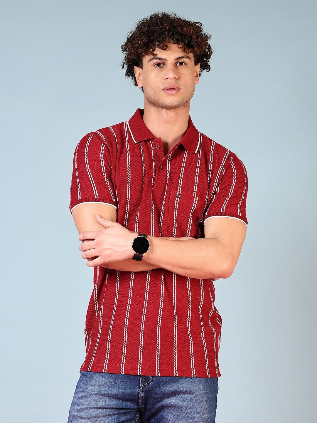 

V-Mart Men Striped Polo Collar Pockets T-shirt, Maroon